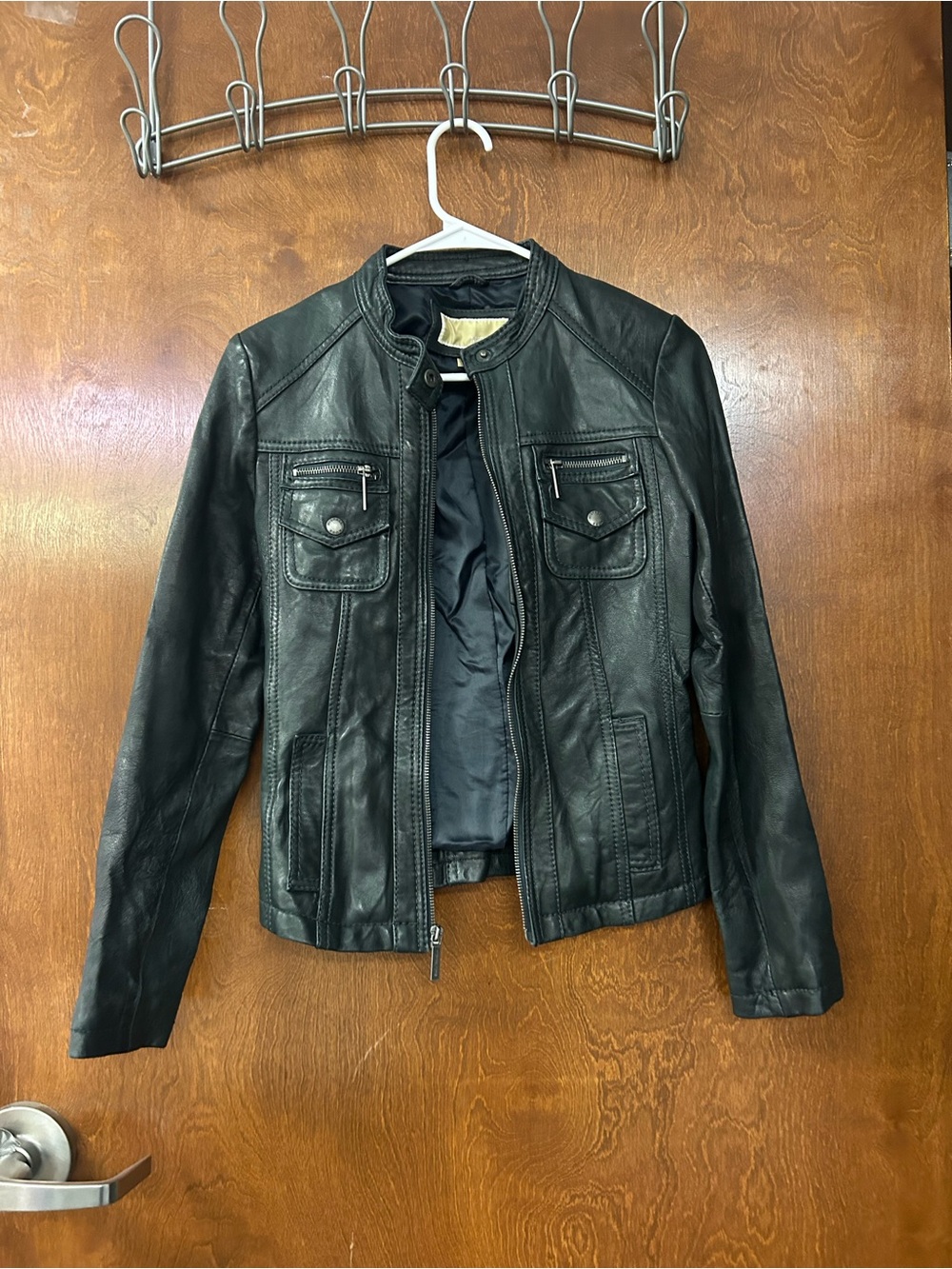 Michael Kors Black Leather Moto Jacket with Zip Pockets
